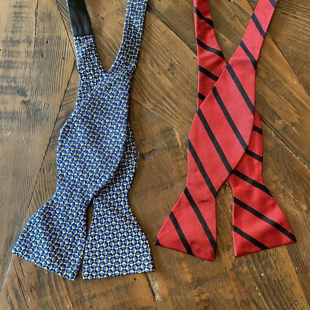 2pc Bow Tie Mens Adjustable Blue preppy wedding Red Stripe 100% Silk Prom Formal